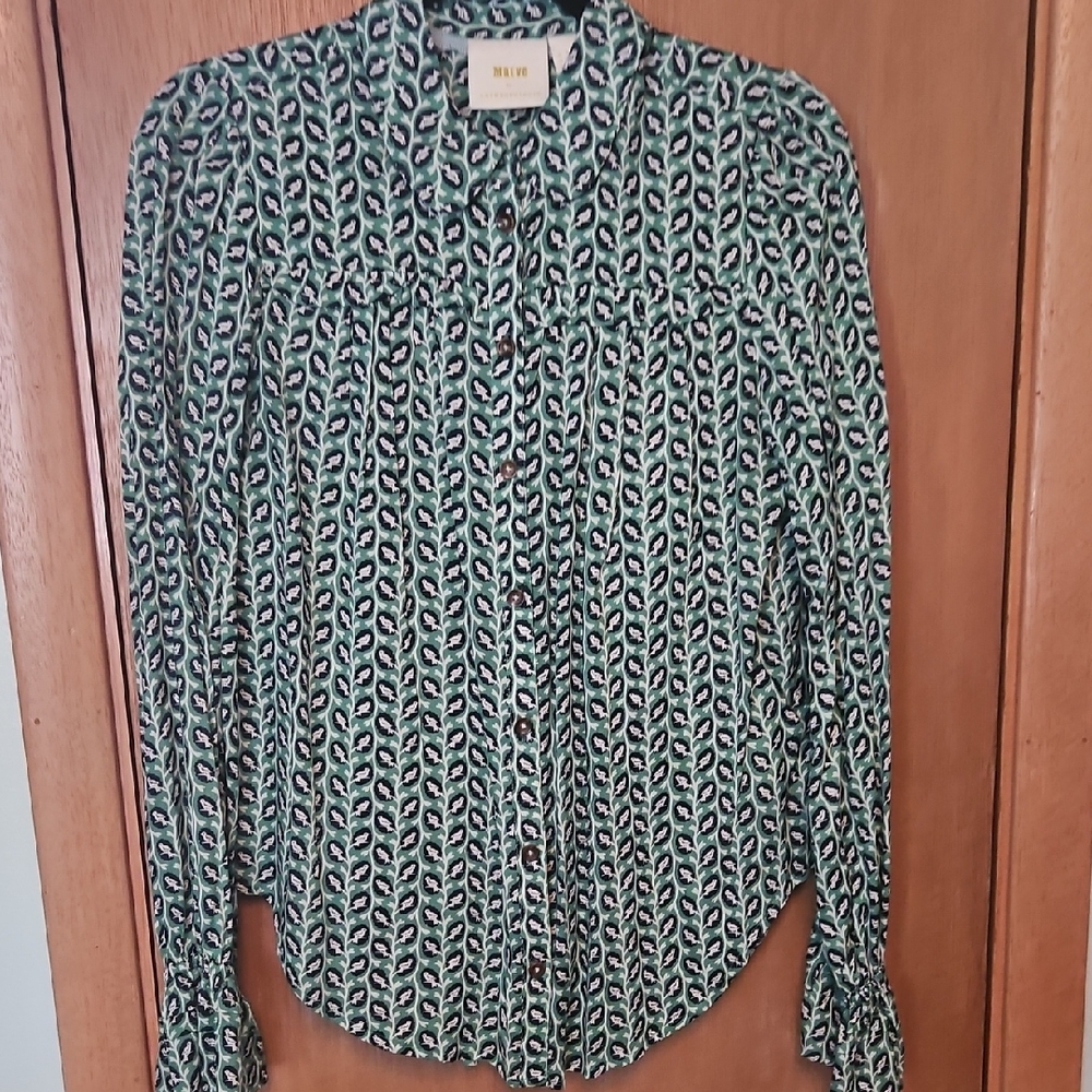 Anthropologie Green and Black Geometric Blouse